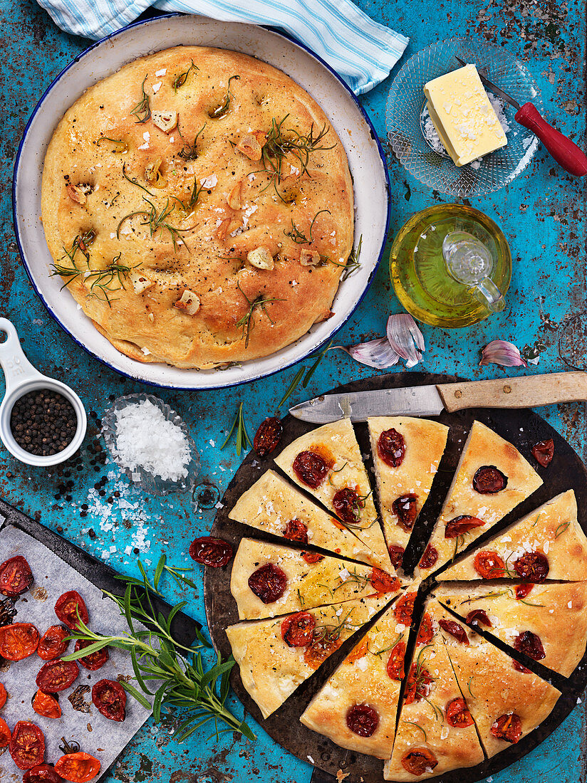 Focaccia with tomatoes, garlic and rosemary