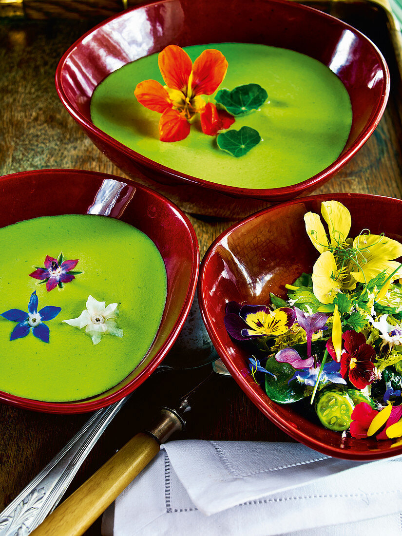 Nasturtium cress soup with flower salad