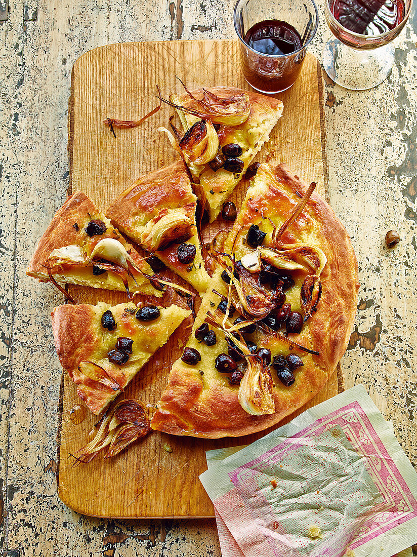 Focaccia with olives and young, roasted garlic