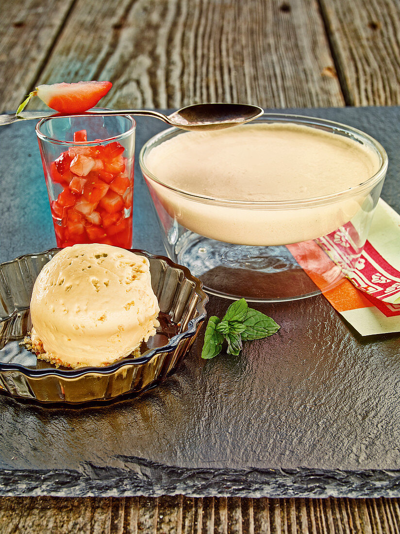 Coffee cream with marinated strawberries and tahiti vanilla ice cream