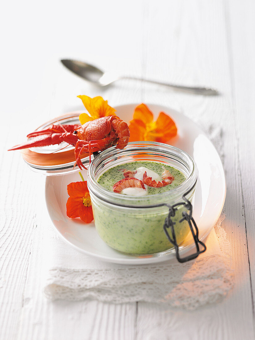 Cream of herb soup with crayfish