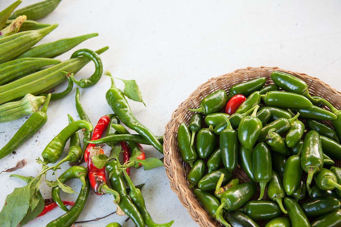 Freshly picked and local jalepenos, okra and chili peppers