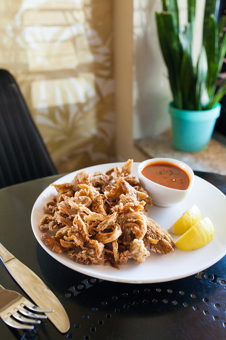 Vegan mushroom calamari with spicy marinara sauce