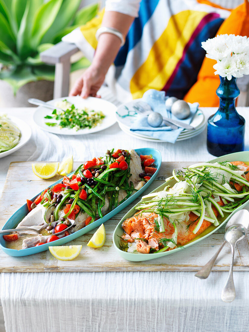 Fish with nicoise salsa and Ocean trout with asparagus, fennel and dill