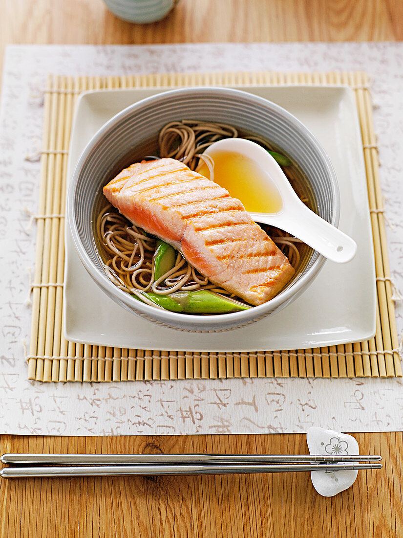 Salmon and soba noodles in soy broth