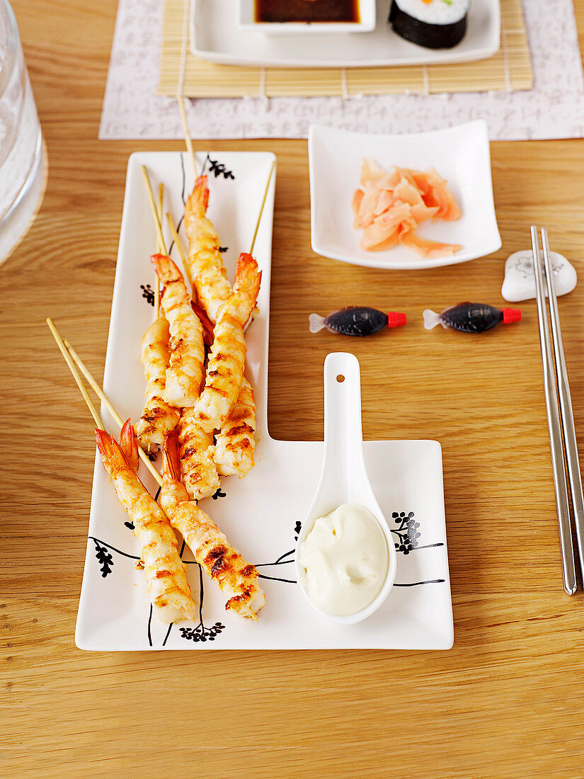 Grilled ginger prawns with wasabi mayonnaise