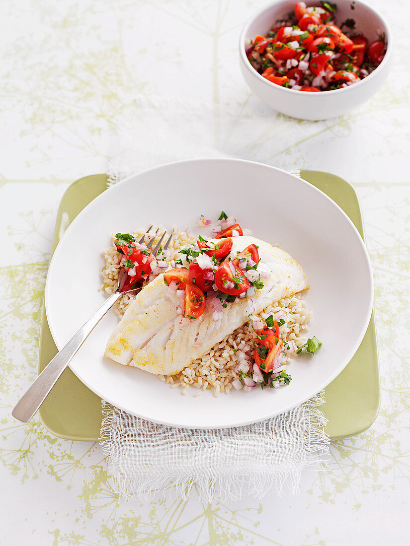Grilled perch with brown rice and tomato salsa