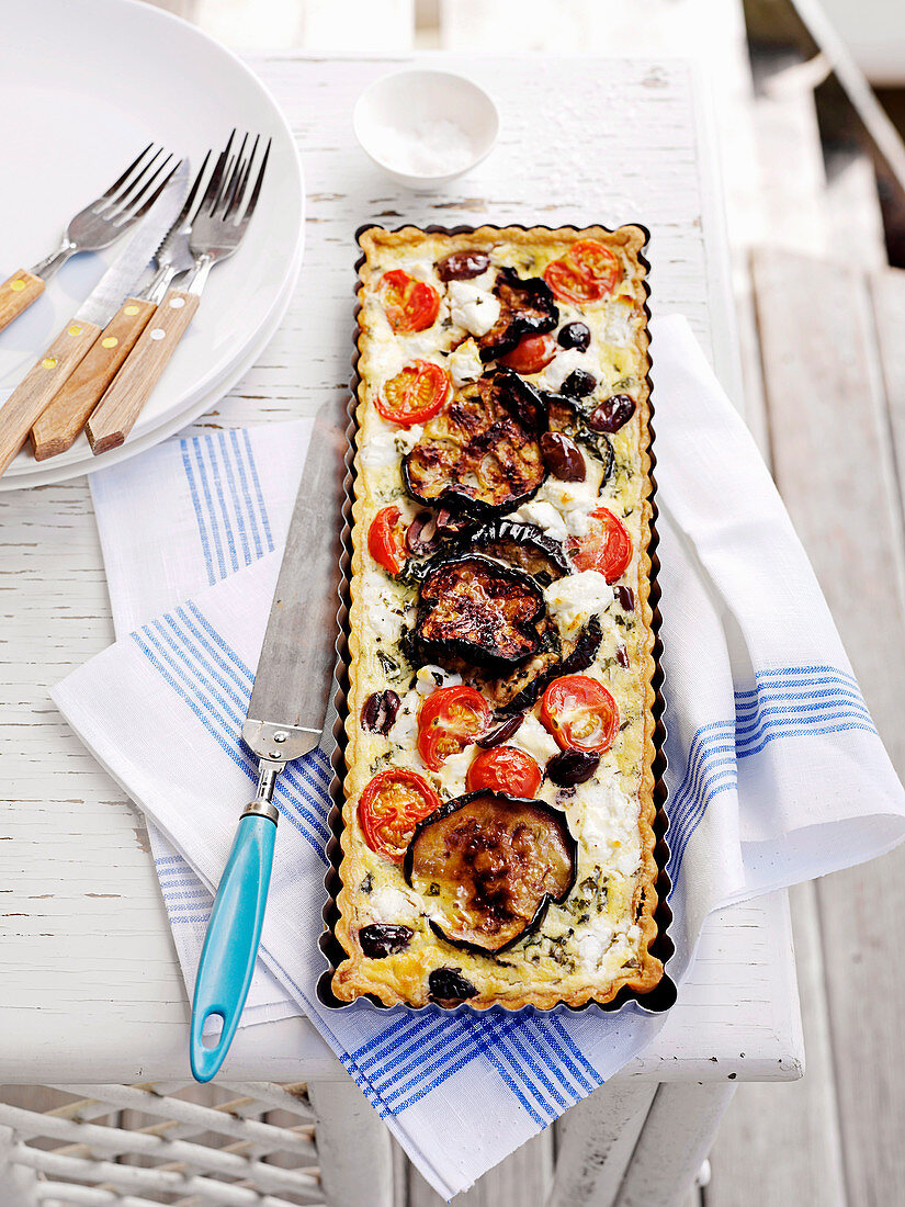 Grilled eggplate and goats cheese tart