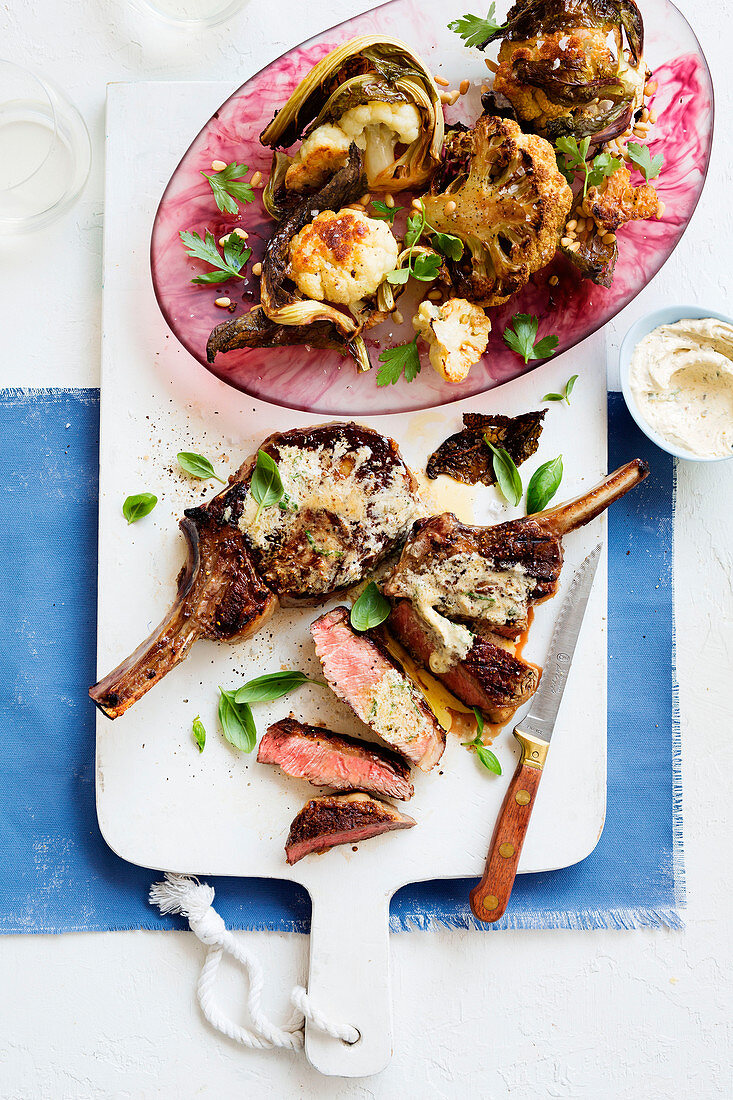Rib-eye with anchovy butter and roasted cauliflower