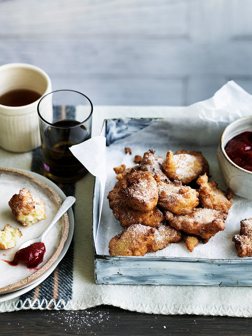 Rice pudding fritters with rhubarb and strawberry jam