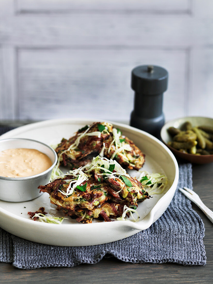 Corned beef and cabbage fritters with Russian-style sauce