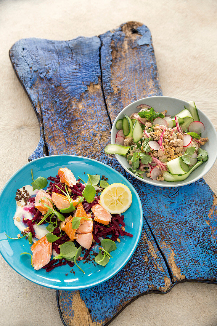 Smoked salmon salad with horseradish and a warm rice noodle salad