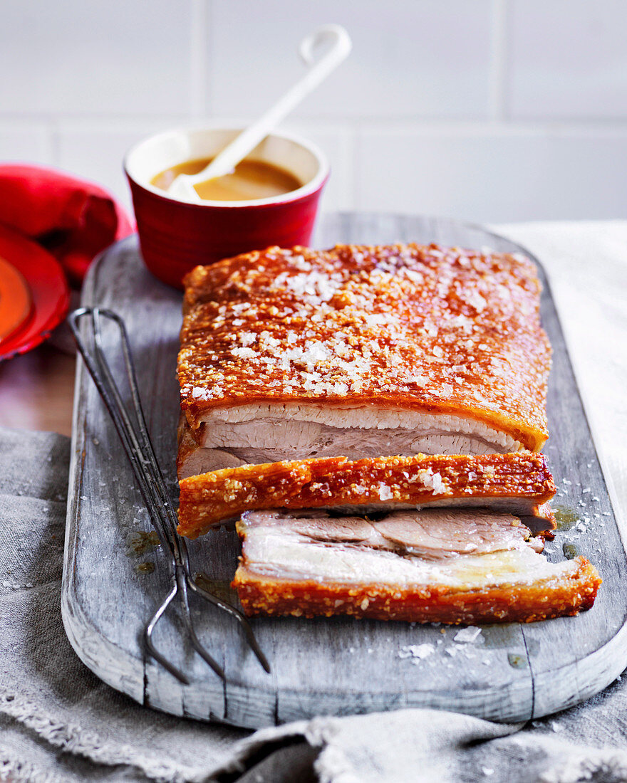 Slow-roasted pork belly with apricot sauce