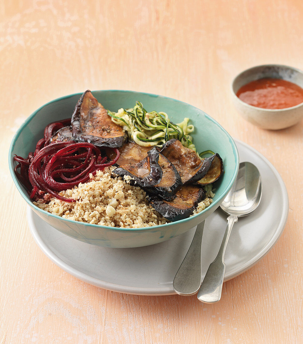 Zoodle bowl with cauliflower rice and teriyaki aubergine