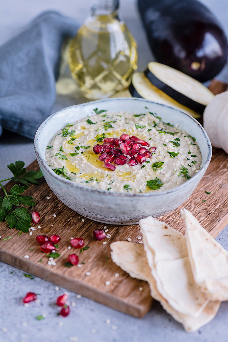 Baba ghanoush with pomegranate seeds (Arabia)