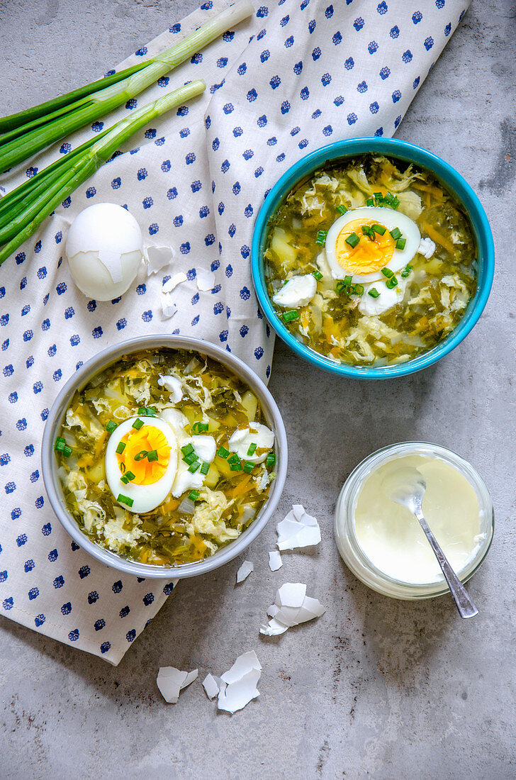 Spinach soup with boiled eggs and sour cream