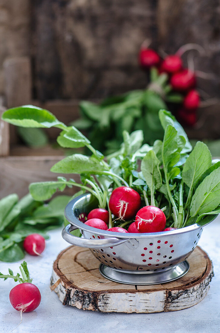 Fresh radishes in a colander