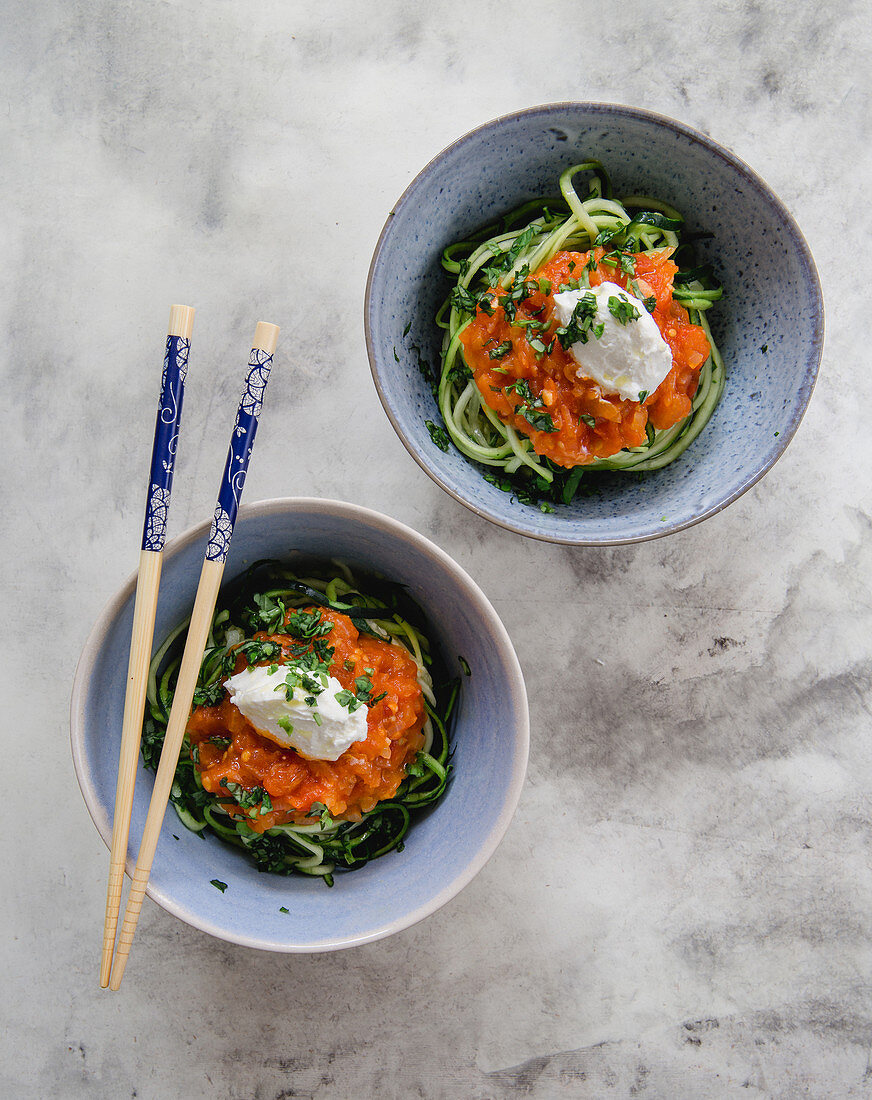 Zoodles with tomato sauce and ricotta