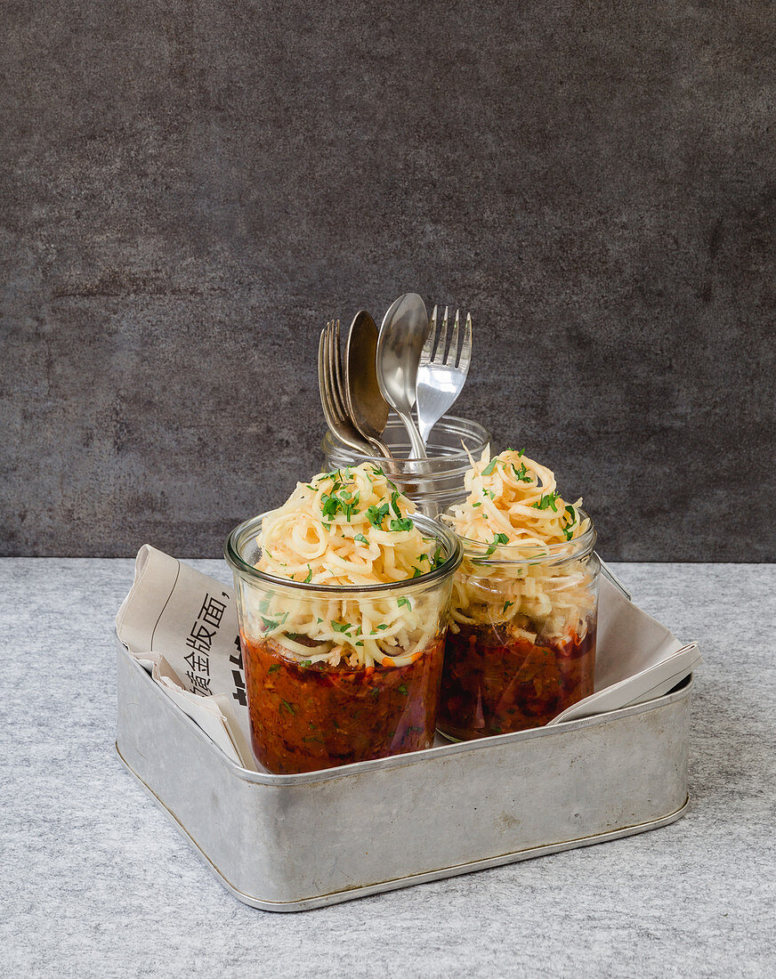 Vegetable noodles with chorizo sugo in jars