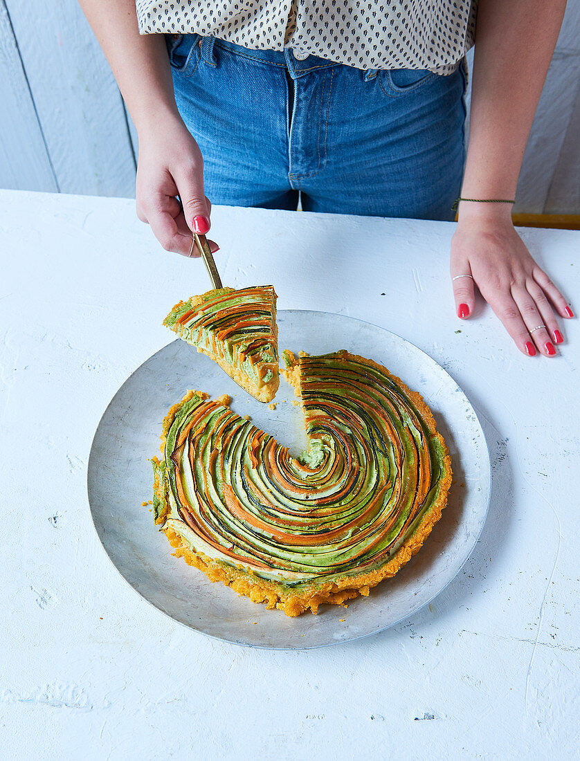 A spiral vegetable tart, sliced