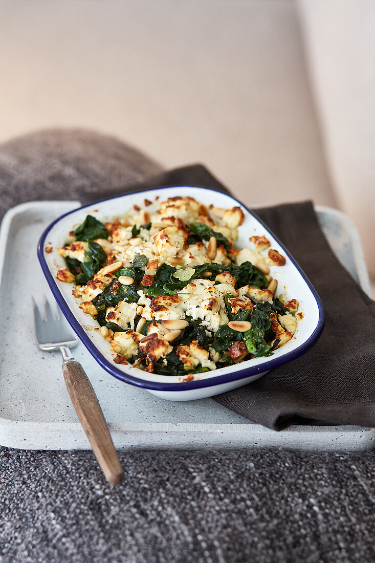 Spinach gratin with feta cheese and pine nuts