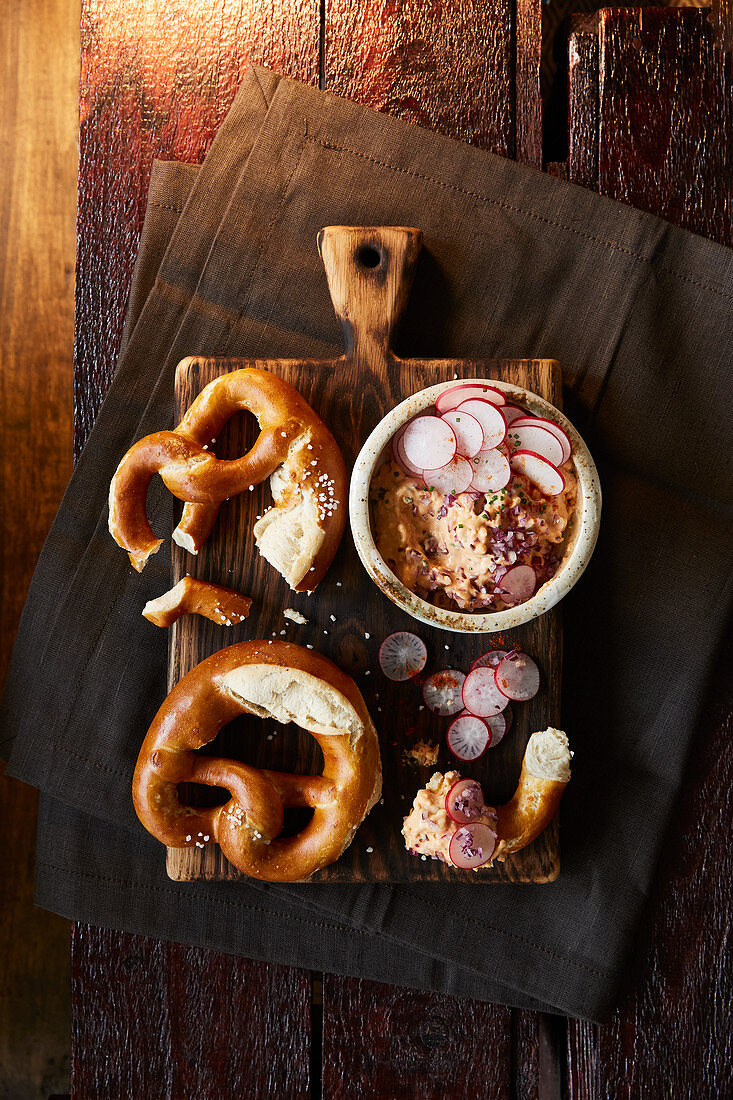 Obatzda (Bavarian cheese spread) with pretzels and radishes