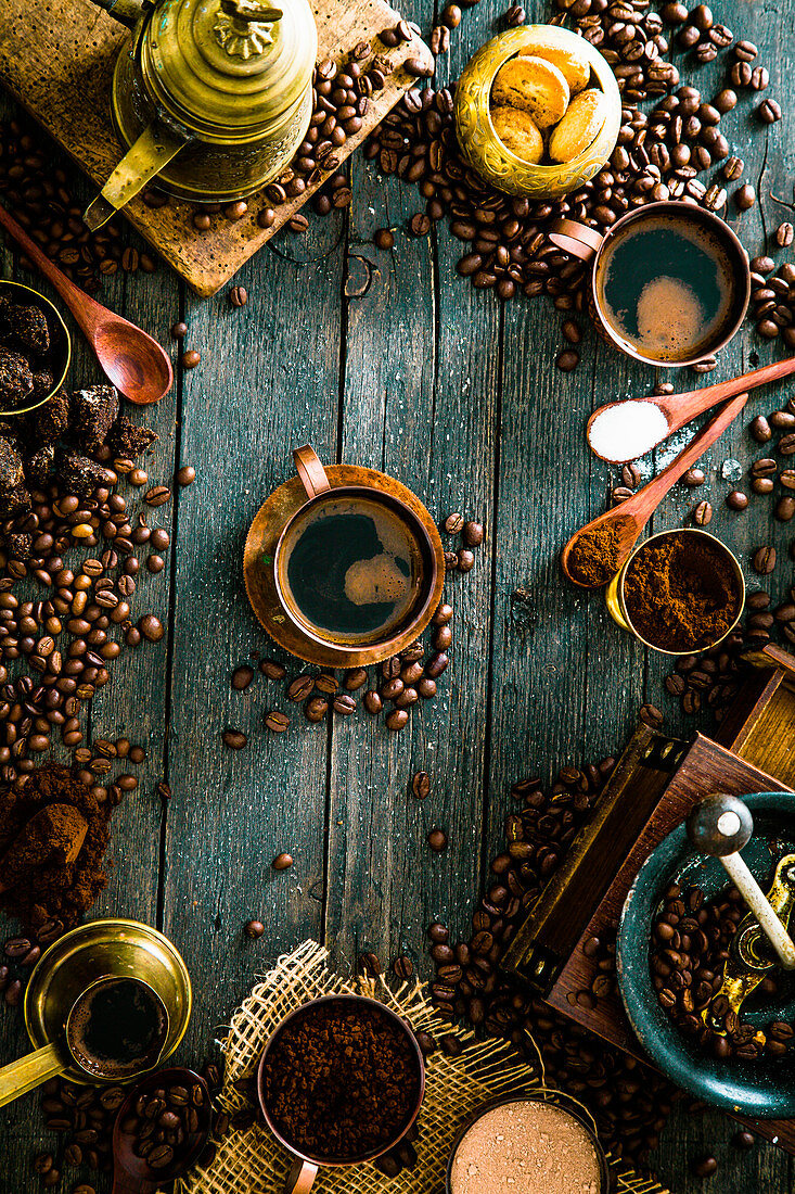 An arrangement of Turkish coffee (seen from above)