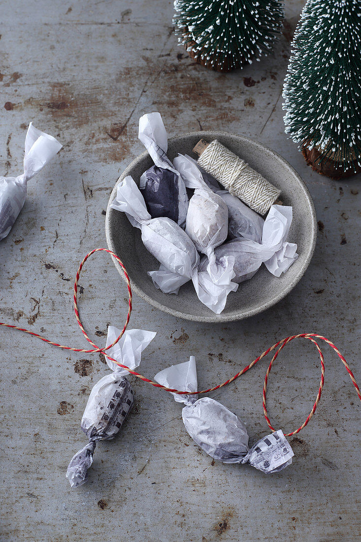 Christmas date and apple sweets as Christmas tree decorations