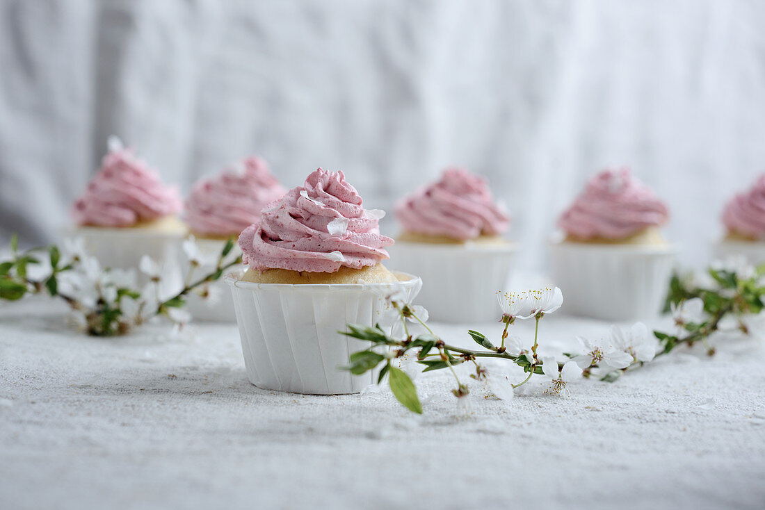 Vegane Vanille-Grieß-Cupcakes mit Himbeerfrosting
