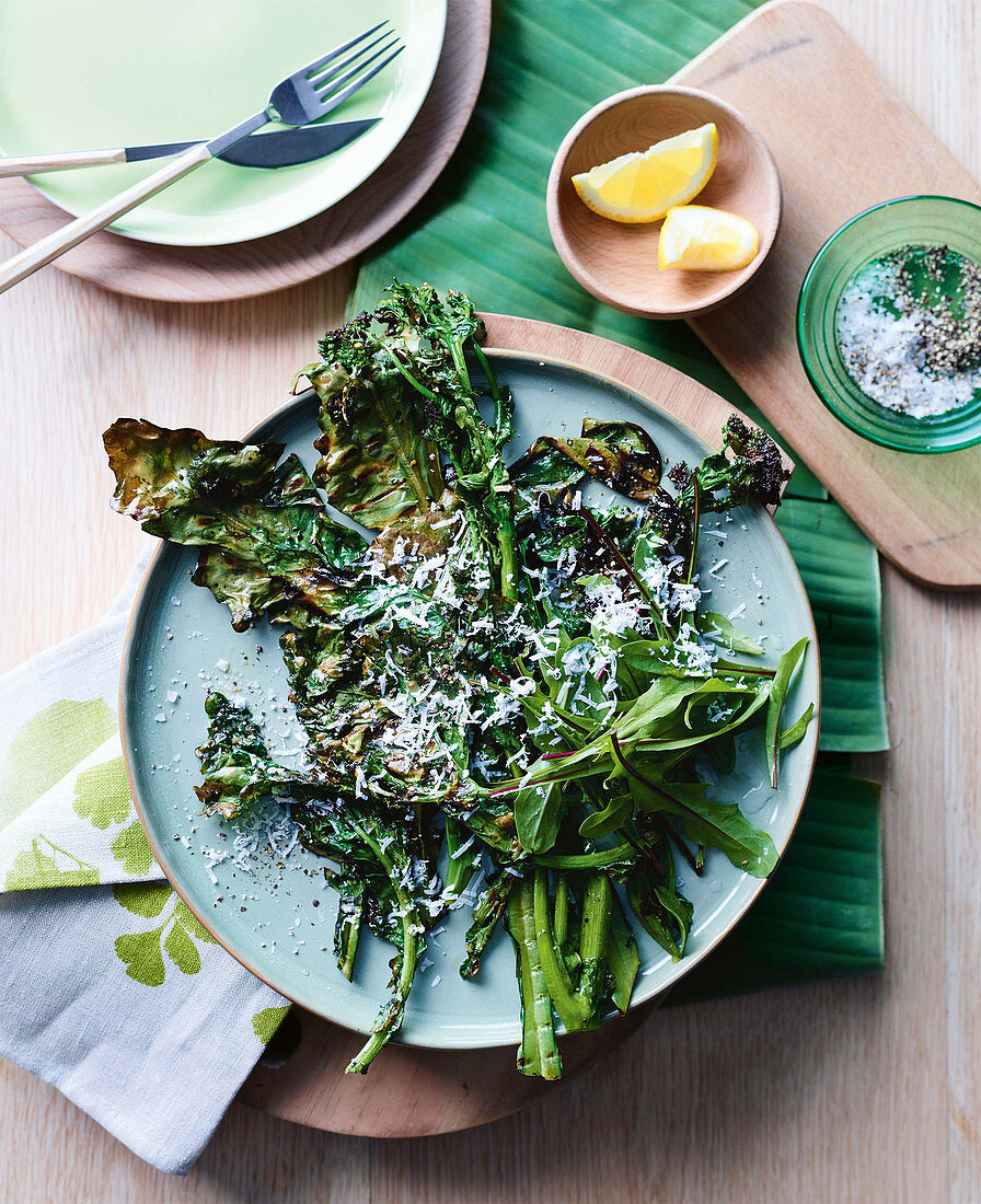 Grilled bitter greens with olive oil and salted cheese