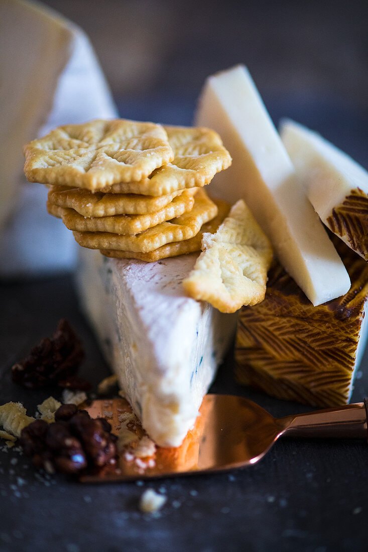 Crackers and various types of cheese