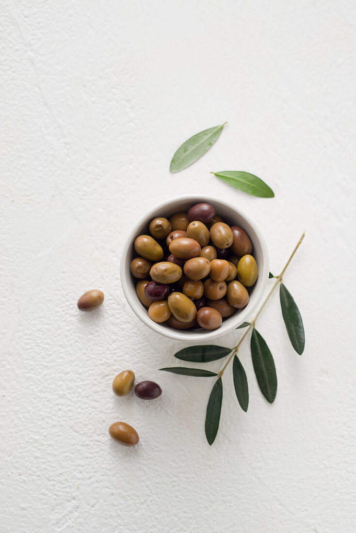 Grüne Oliven im Schälchen und Olivenblätter