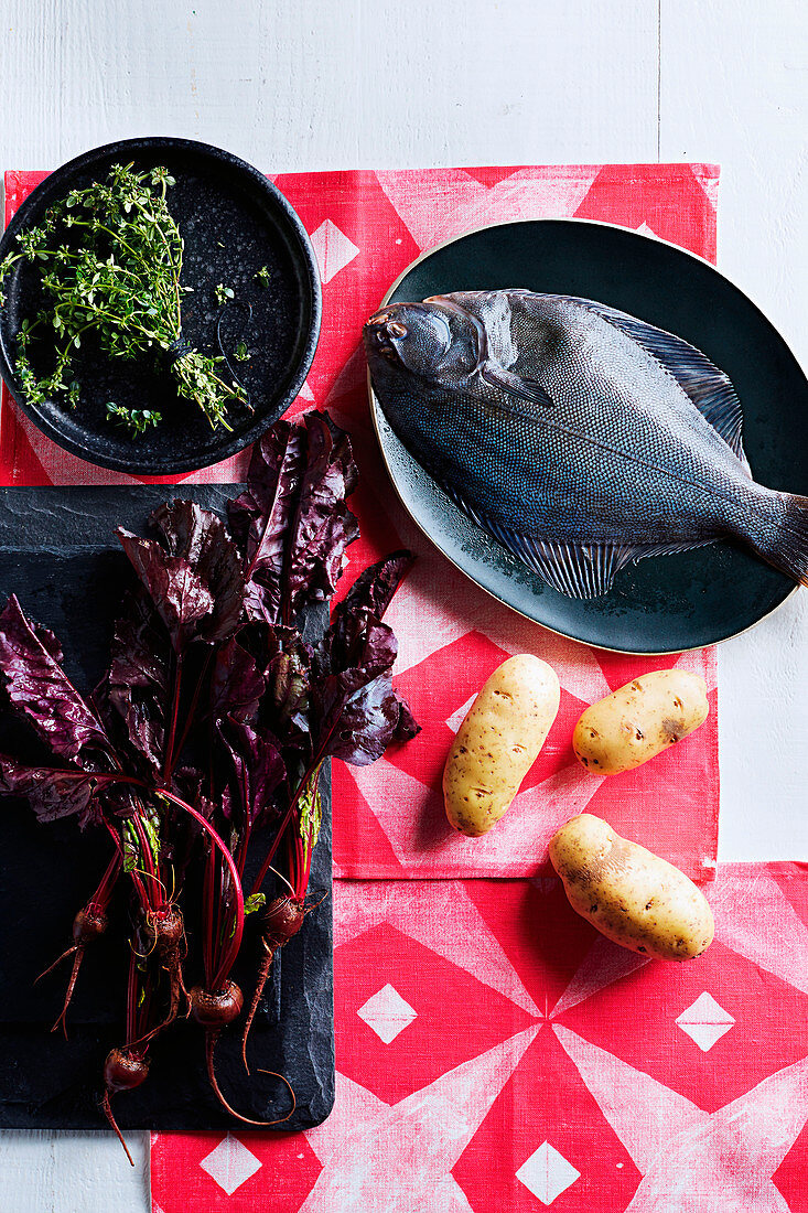 Thyme, red beet, flounder and potatoes