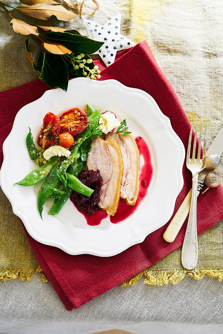 Christmas Roasted Berkshire pork loin with cherry and ginger jam