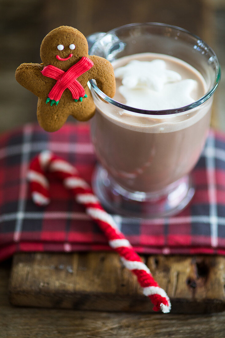 Hot chocolate garnished with a gingerbread man