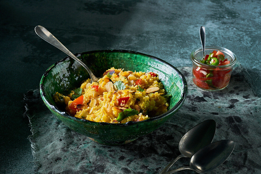 Gerösteter Blumenkohl-Couscous mit Tomaten, Mandelblättchen, Koriander und grünem Pfeffer