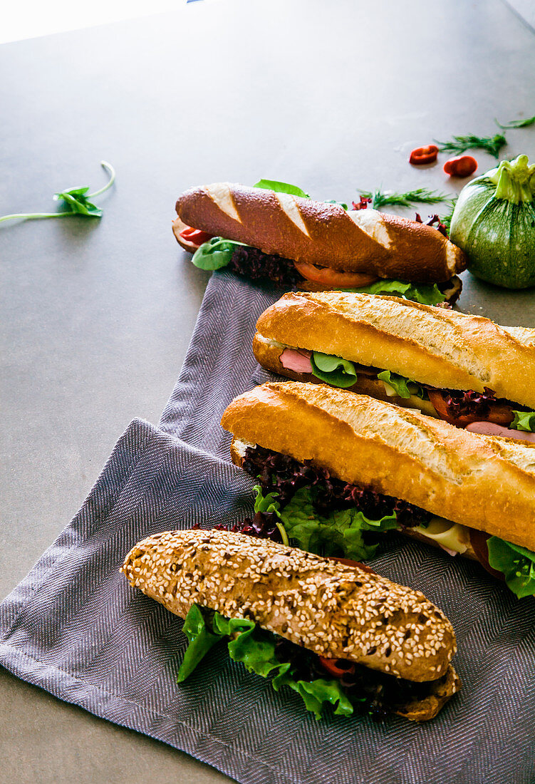 Four different baguette sandwiches