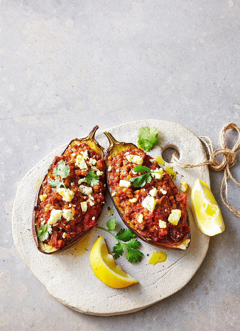 Spicy lamb and lentil stuffed eggplants