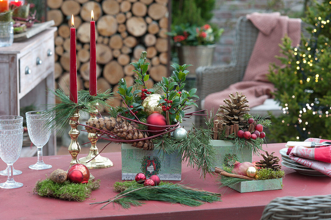 Christmas table decoration in the winter garden
