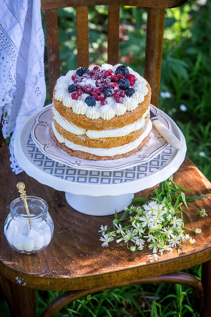 Kokos-Biskuitkuchen mit Mascarpone und Beeren auf Holzstuhl im Garten