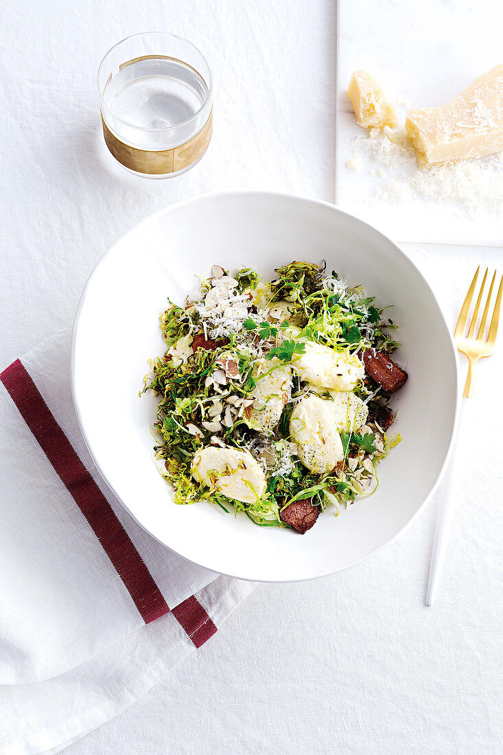 Ricotta gnocchi with brussel sprouts, bacon and almonds