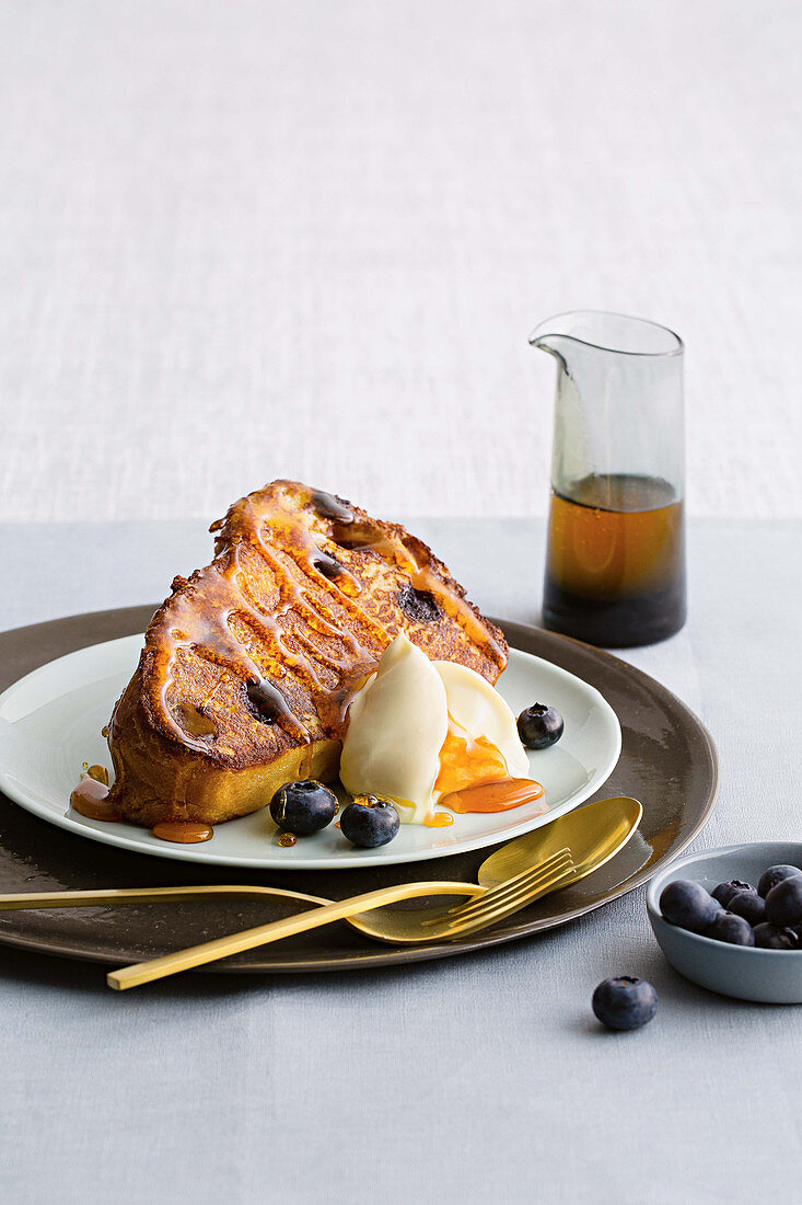 Blueberry brioche French toast with caramelised honey and mint