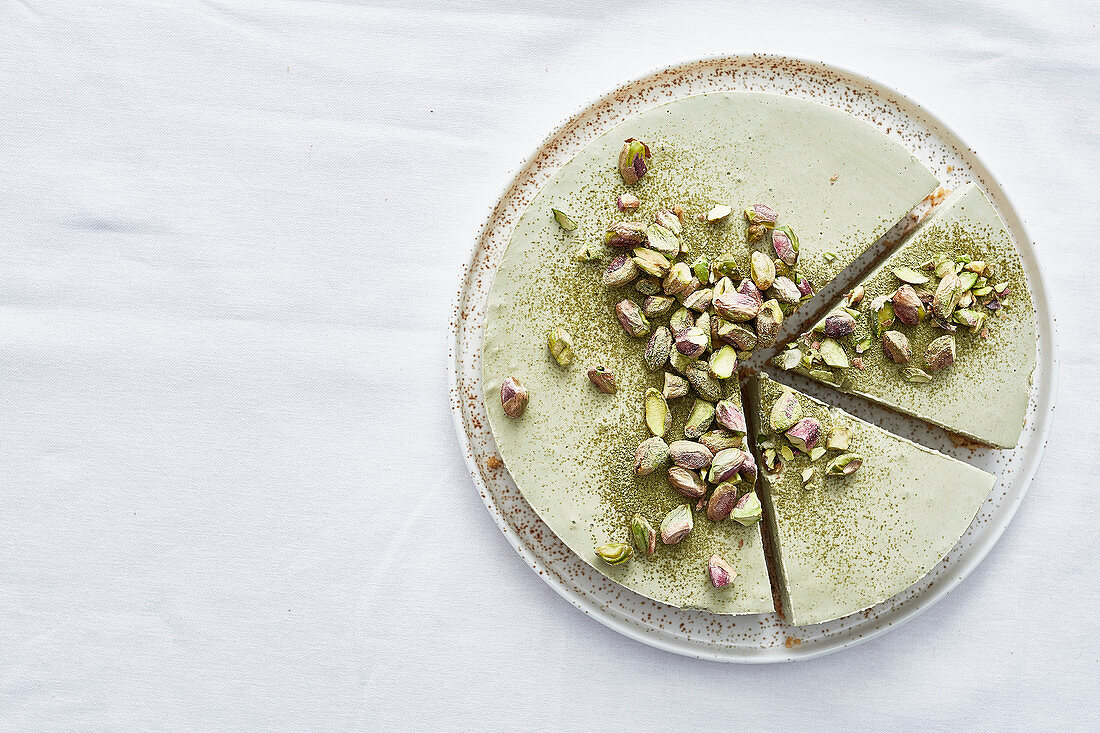 Matcha cheesecake with pistachios