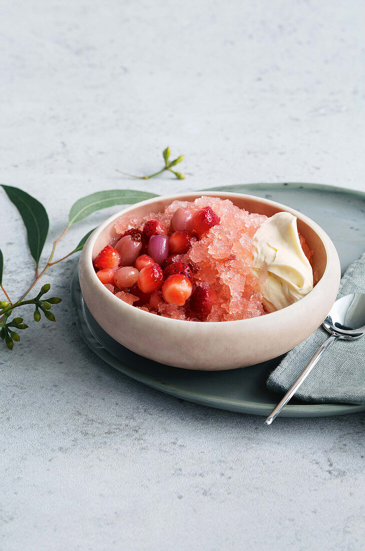 Strawberries with lilly pillies, moscato granita and bush honey cream