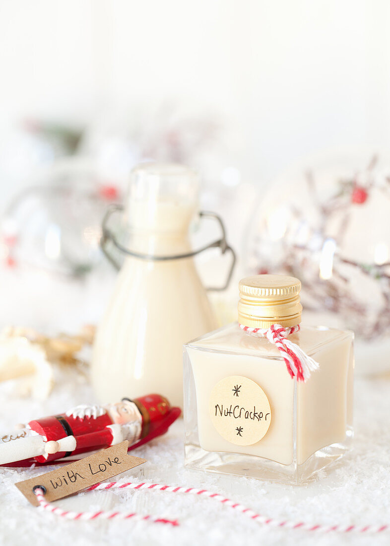 Christmas white chocolate liqueur in a glass bottle for gifting