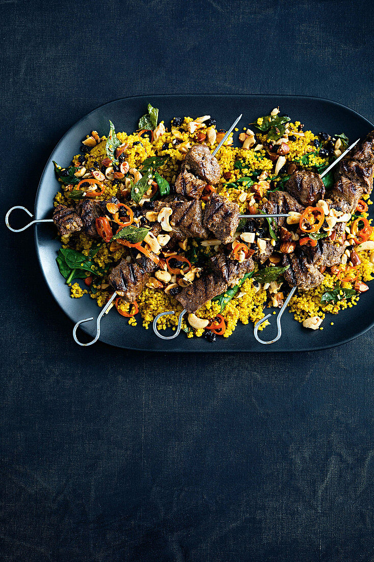 Beef kebabs with spicy quinoa nut pilaf