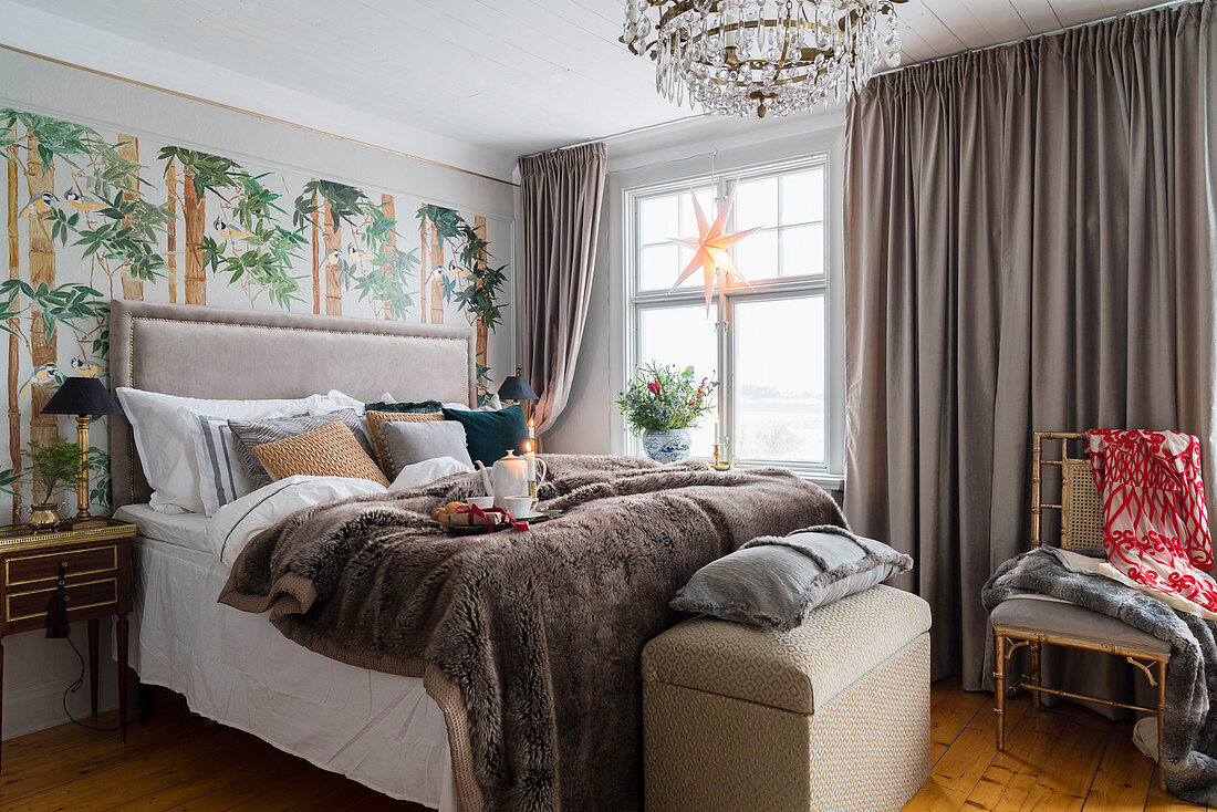 Wintry accessories in elegant bedroom