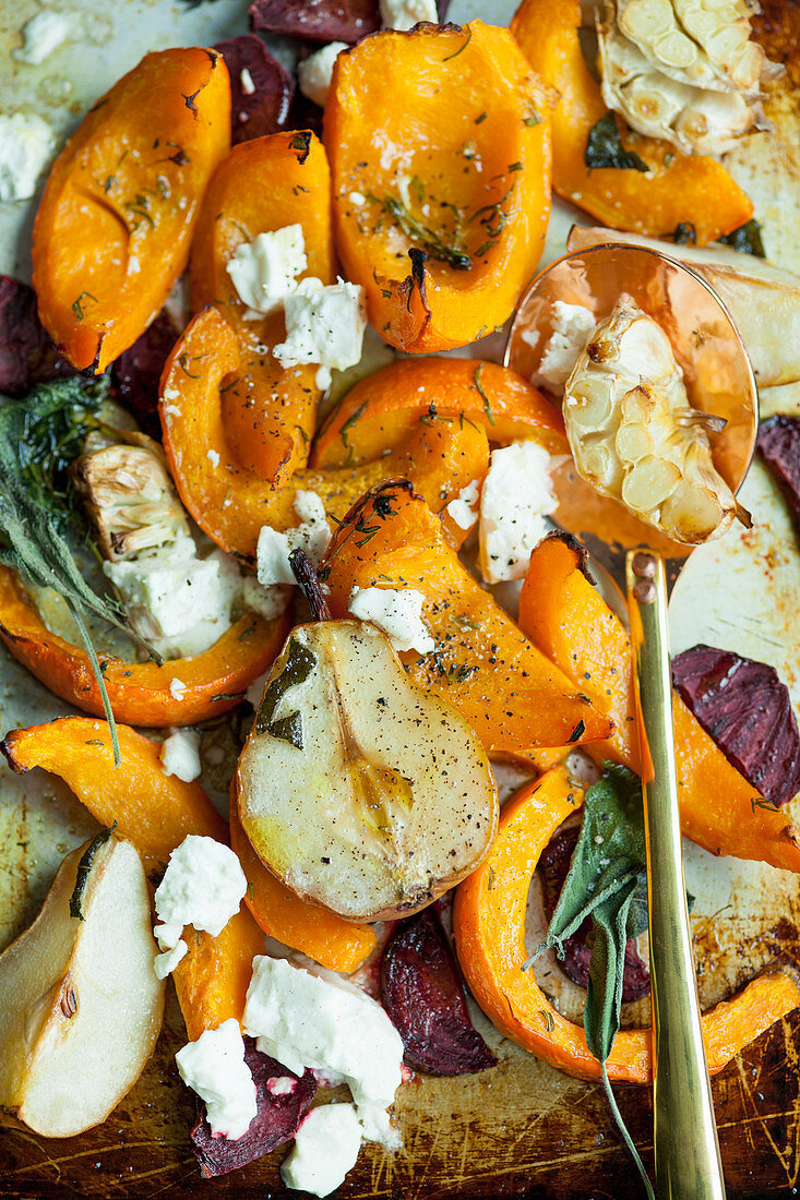 Roast vegetables with pears, feta and sage