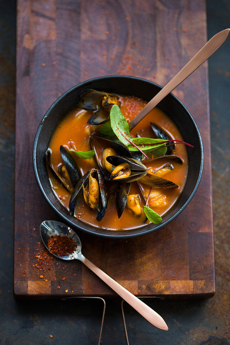 Mussel soup with redvein dock leaves