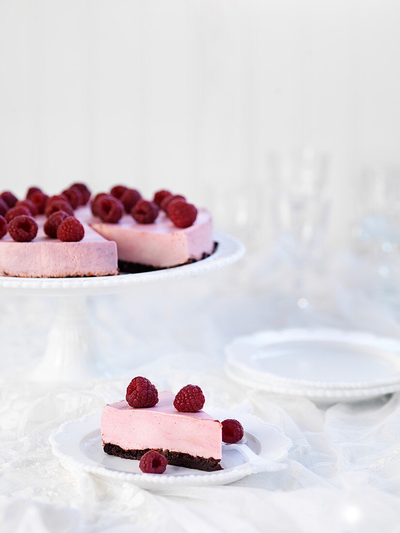 Raspberry mousse cake with a brownie base